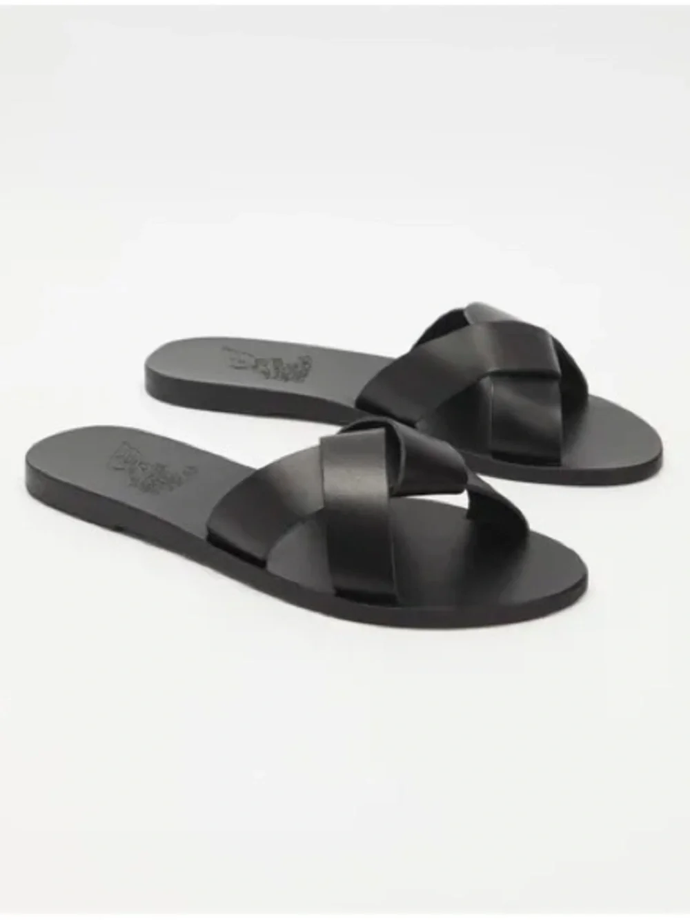 Ancient Greek Sandals Black Leather Crisscross Slide Sandals